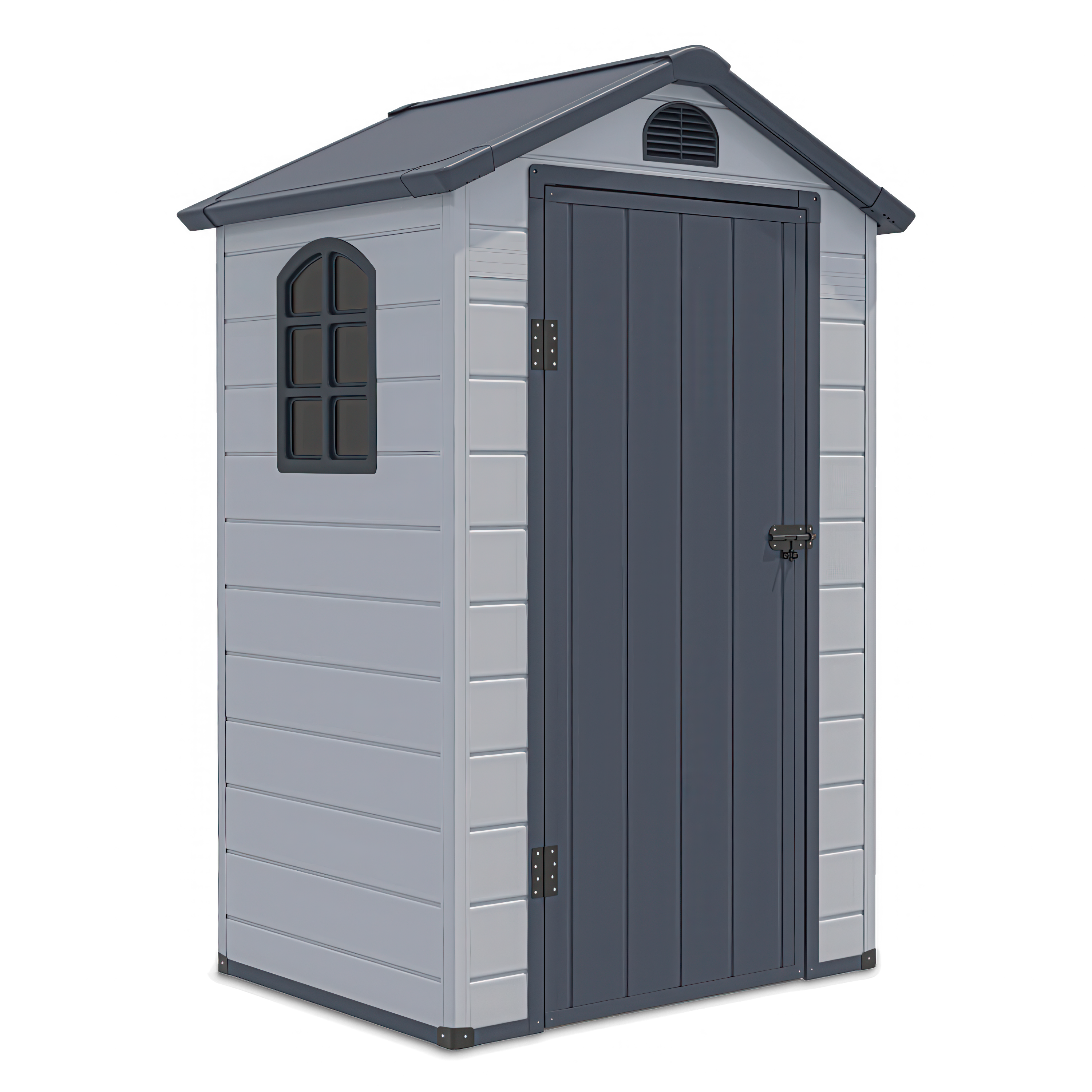 Widok na przód i boczną ścianę z oknem domku narzędziowego Vermont 134x104cm