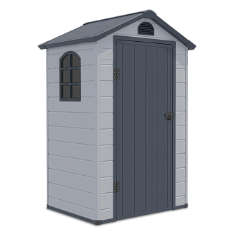 Widok na przód i boczną ścianę z oknem domku narzędziowego Vermont 134x104cm