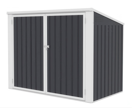 Odporna na warunki atmosferyczne zabudowa do koszy na śmieci DAVIS 173×101 cm Cold Grey – HARDMAISTER: metalowa obudowa z dwuskrzydłowymi drzwiami, skośnym dachem i stalowym zamkiem w ciemnoszarym wykończeniu.