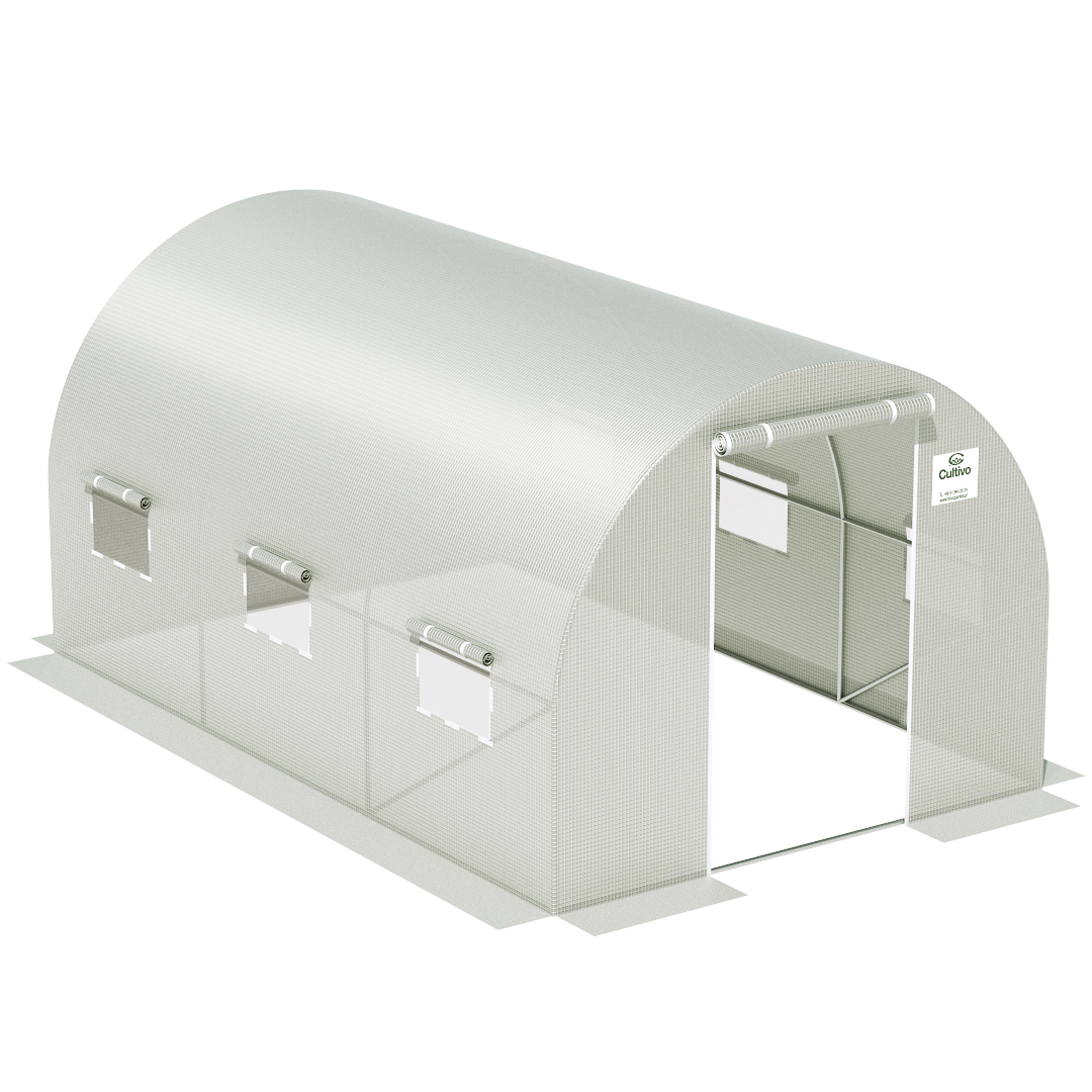 Widok z lotu ptaka na biały tunel foliowy trzy sekcjowy od Cultivo