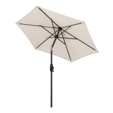 parasol przeciwsłoneczny do ogrodu rozłożony w kolorze beżowym