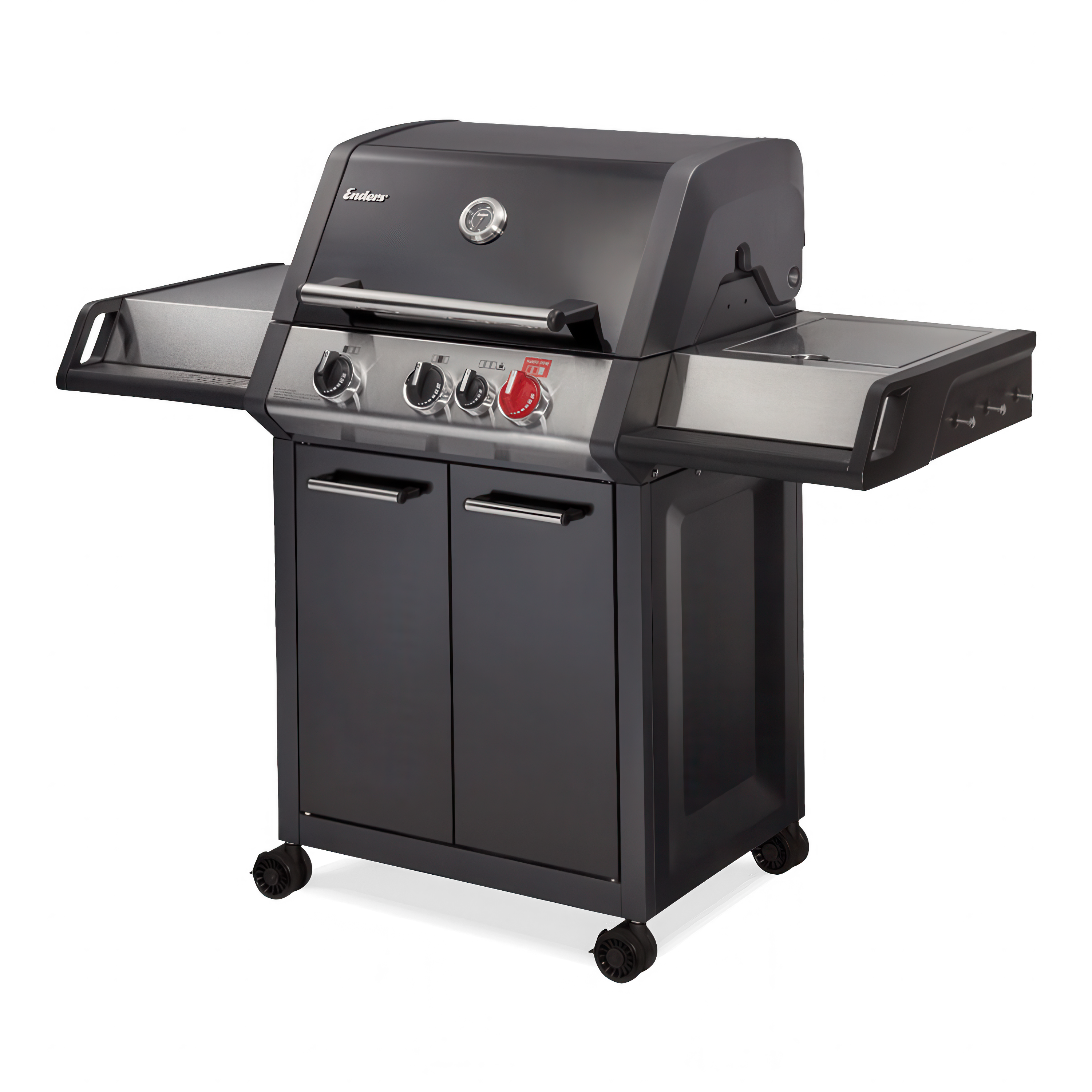 czarny grill gazowy na kółkach z czarną szafką 