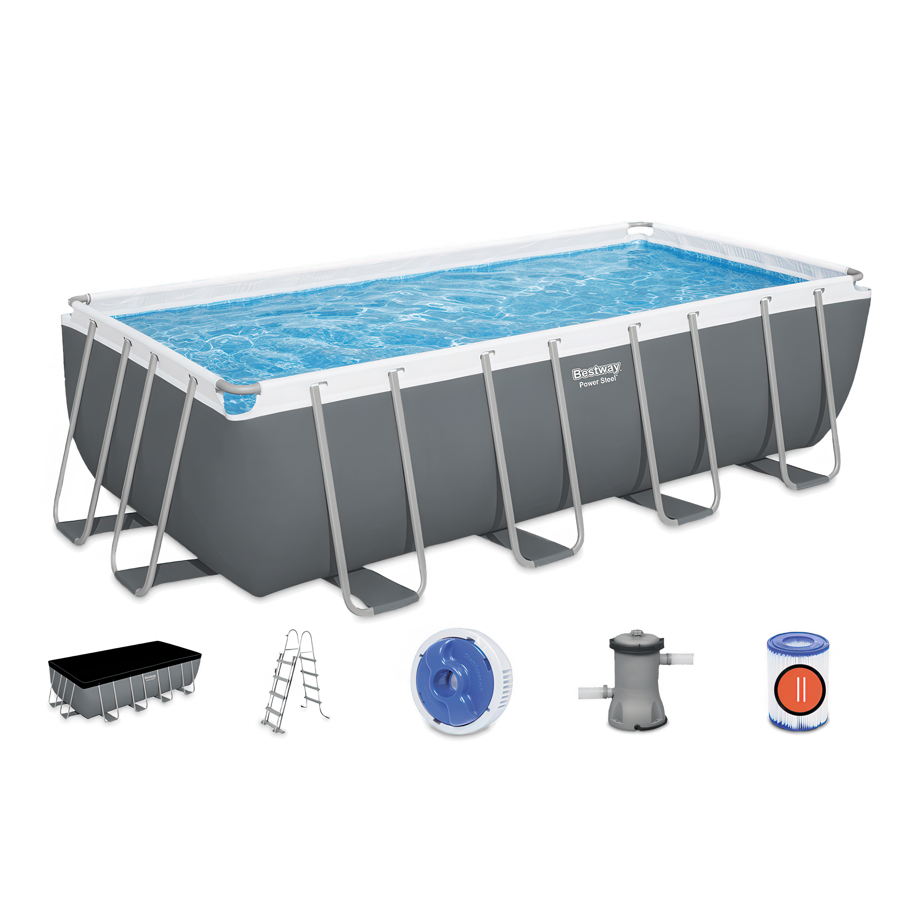 prostokątny basen stelażowy z przykryciem z drabiną z dozownikiem z pompą filtrującą i filtrami