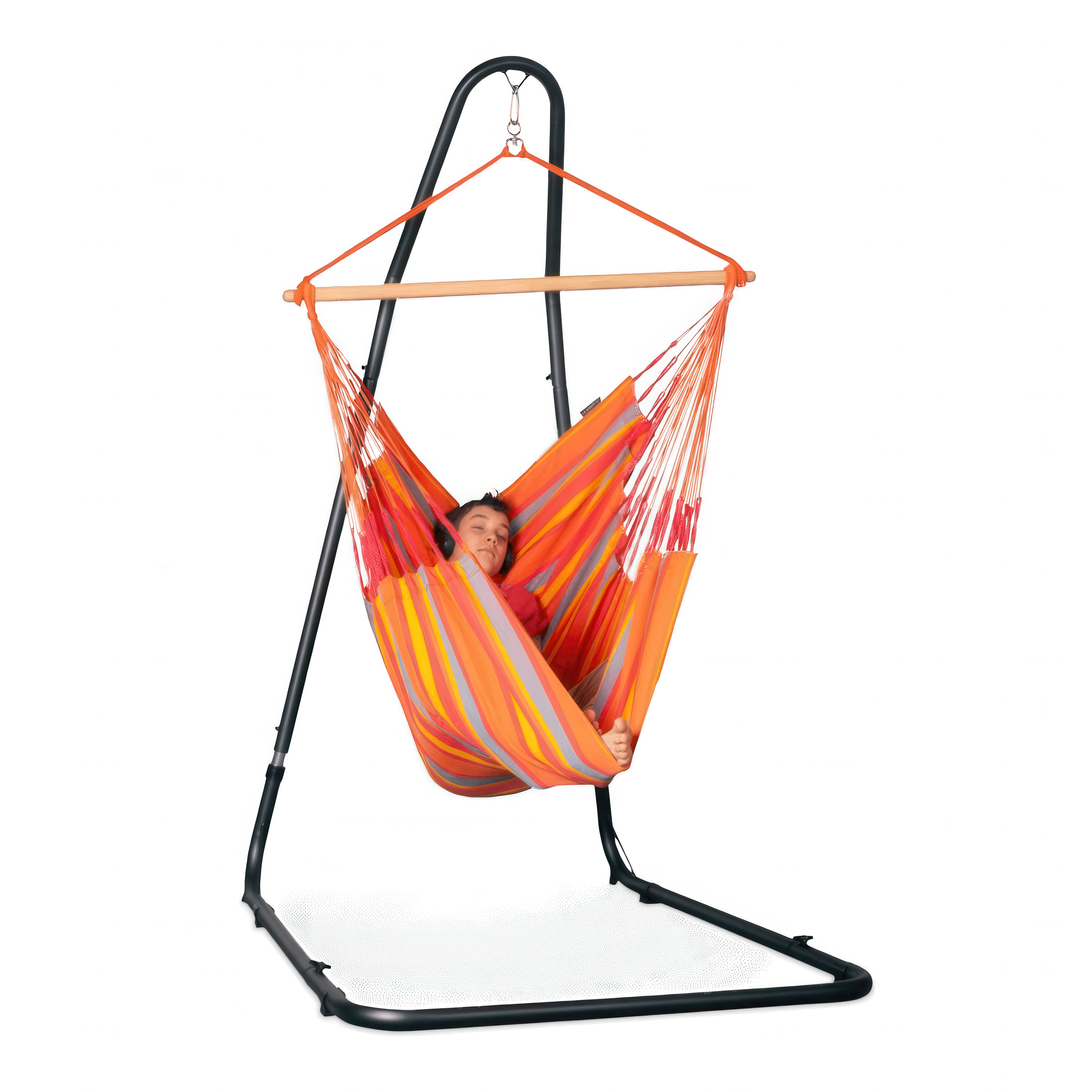 antracytowy stojak z przykładowym pomarańczowym fotelem hamakowym 