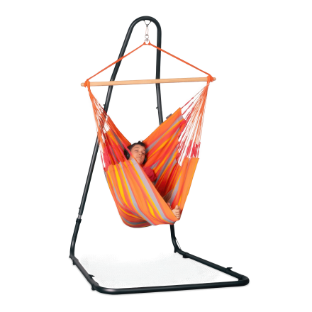 antracytowy stojak z przykładowym pomarańczowym fotelem hamakowym