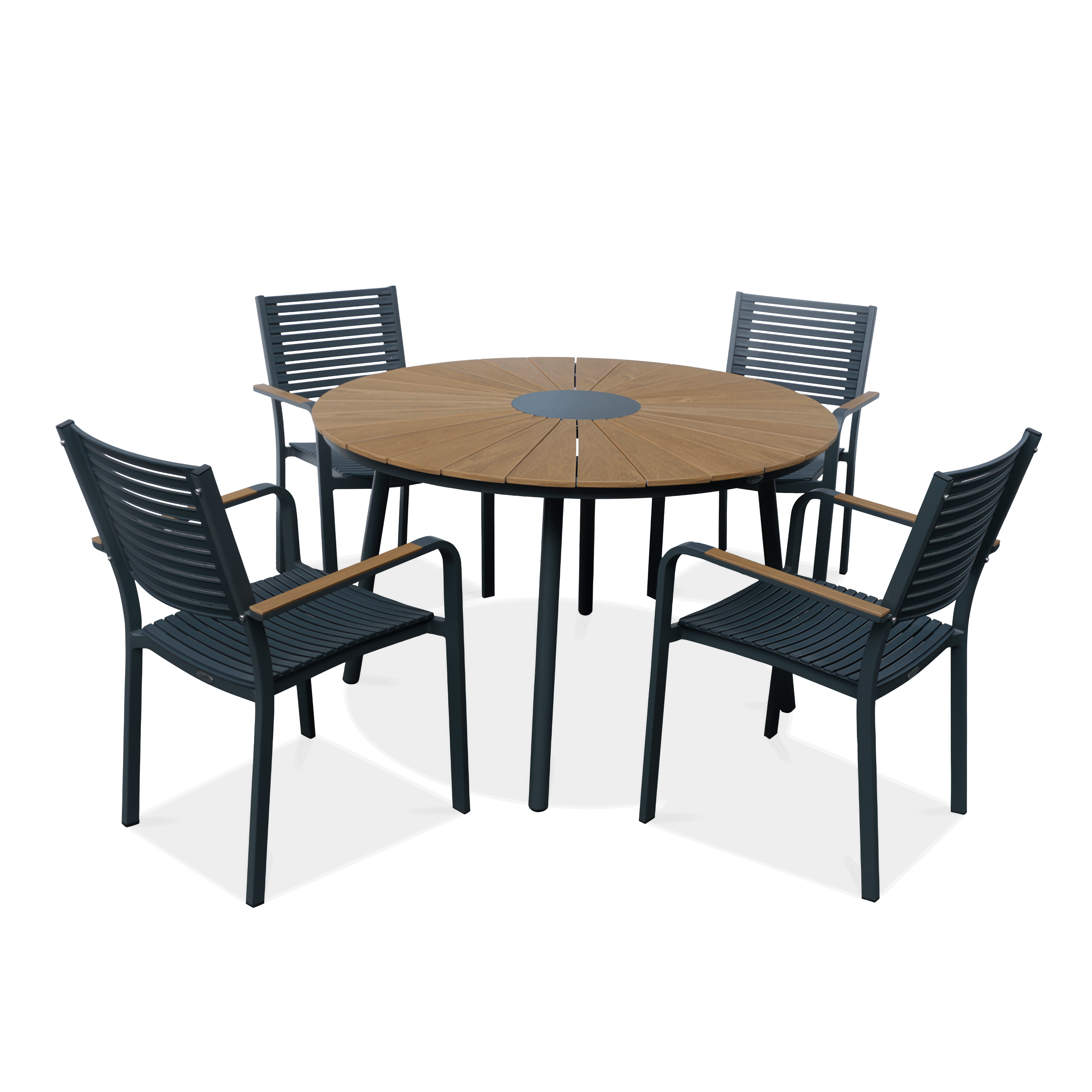 Czteroosobowy grafitowy zestaw jadalniany na ogród z okrągłym stołem tacoma