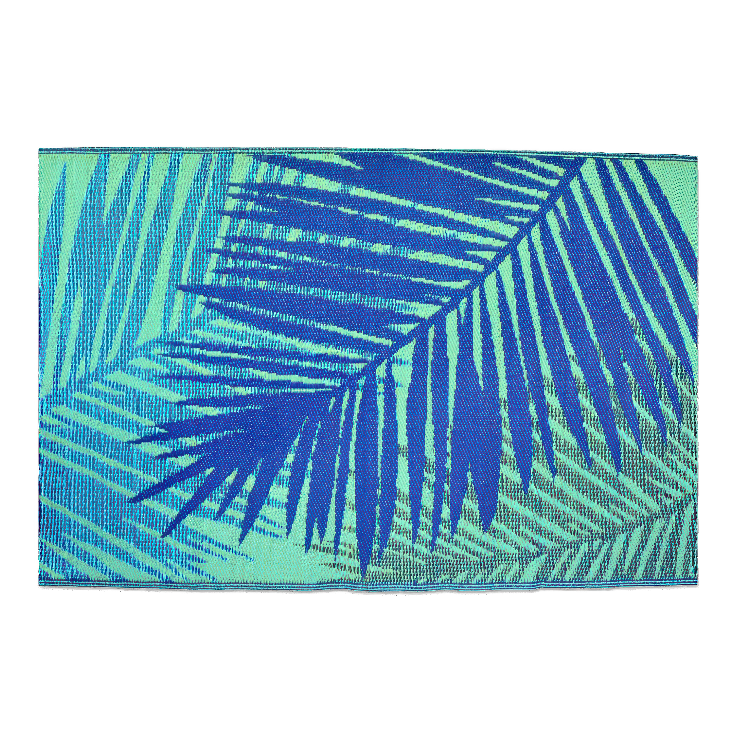 dywan na taras w kolorze niebieskim z liśćmi palm