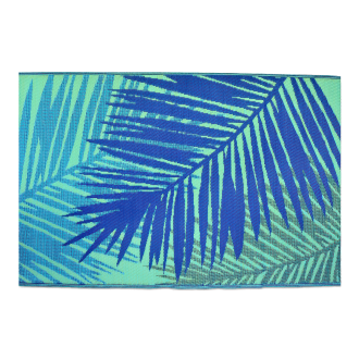 dywan na taras w kolorze niebieskim z liśćmi palm