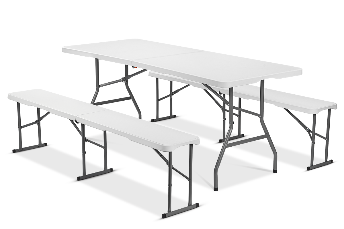 Zestaw cateringowy biały, stół + 2 ławki, 180cm