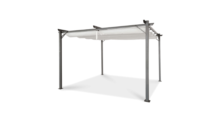 pergolă de grădină în alb antracit cu acoperiș din țesătură impermeabilă