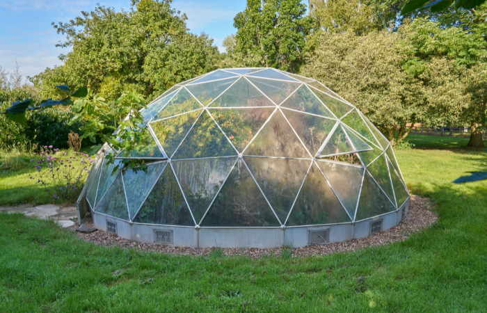 szklarnia kopułowa ustawiona w przydomowym ogrodzie 