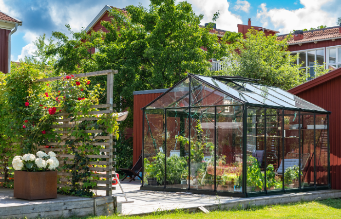 szklana szklarnia ogrodowa z kwitnącymi roślinami wewnątrz 